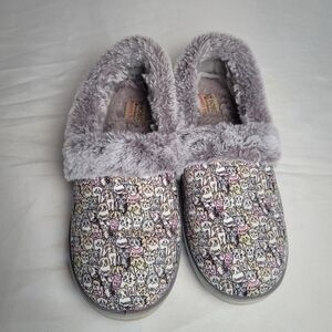 Bobs By Skechers Too Cozy Snuggle Cat Print Slippers Hard Bottom Faux Fur 9.5